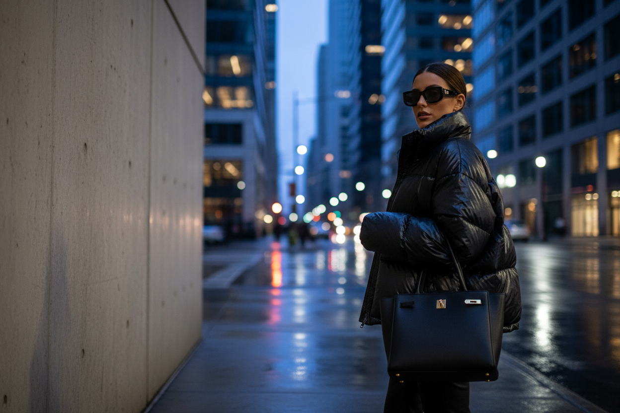 Create a high-resolution website banner image featuring a stylish woman wearing a bold oversized puffer jacket or long belted coat, accessorized with sunglasses or a handbag. Set the scene at night or during blue hour in an urban street with moody lighting, soft reflections, and a luxurious modern atmosphere. The color palette should be dark — blacks, charcoals, deep blues — with soft ambient light highlighting the outfit. Leave some negative space so white promotional text stands out clearly. The overall m